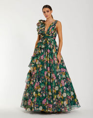 Green Sleeveless V-Neck Floral Chiffon Ruffle Ball Gown