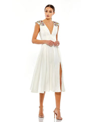 White Beaded Cap Sleeve A Line Midi Dress