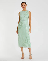 Green Striped Floral Embellished Sleeveless Midi Dress