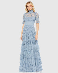 Blue Floral Embroidered Smock Neck Tiered Ruffle Dress