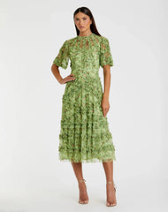 Green Floral Midi Dress with Ruffle Detailing