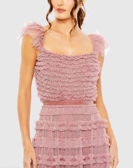 Pink Tiered Ruffle Cap Sleeve Gown