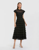 Black Ruffle High Neck Cap Sleeve Midi Dress