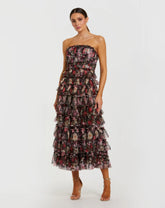 Black Multicolor Strapless Micro Ruffle A Line Midi Dress