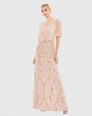 Pink Embellished Cap Sleeve Faux Wrap Trumpet Gown