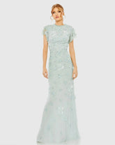 Blue Floral Embellished High Neck Flutter Sleeve Gown