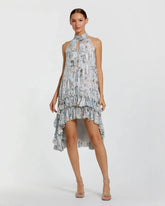 Multicolor Floral High Neck Keyhole Ruffle Mini Dress