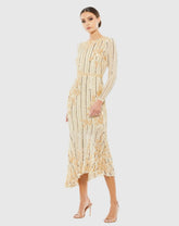 Gold Long Sleeve Embellished Tea Length Dress