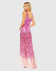 Pink Sequined Cross Front Mesh Detailed Gown