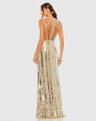 Gold and Silver Halter Neck Embellished Detailed Back Gown