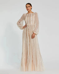 High Neck Long Sleeve A-line Gown With Pearl Beading