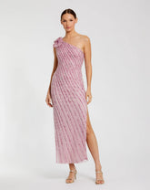 Pink One Shoulder Beaded Mesh Dress With Flower