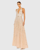Floral Embellished Halter Strap A Line Gown