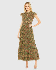 High Neck Ruffle Cap Sleeve Floral Dress