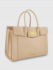 Beige Large Leather Briefcase Bag With Gold Hardware