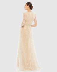 Beige Long Sleeve Gown with Silver Sequin
