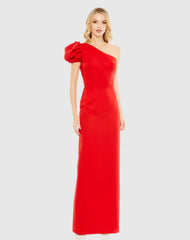 Red One Shoulder Puff Sleeve Gown