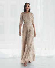 Beige 3/4 Sleeve Embellished A-line Gown