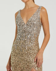 Gold Sequined Sleeveless V Neck Side Slit Gown