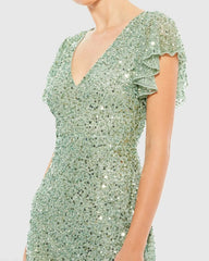 Green Sequined V Neck Flutter Cap Sleeve Trumpet Dress