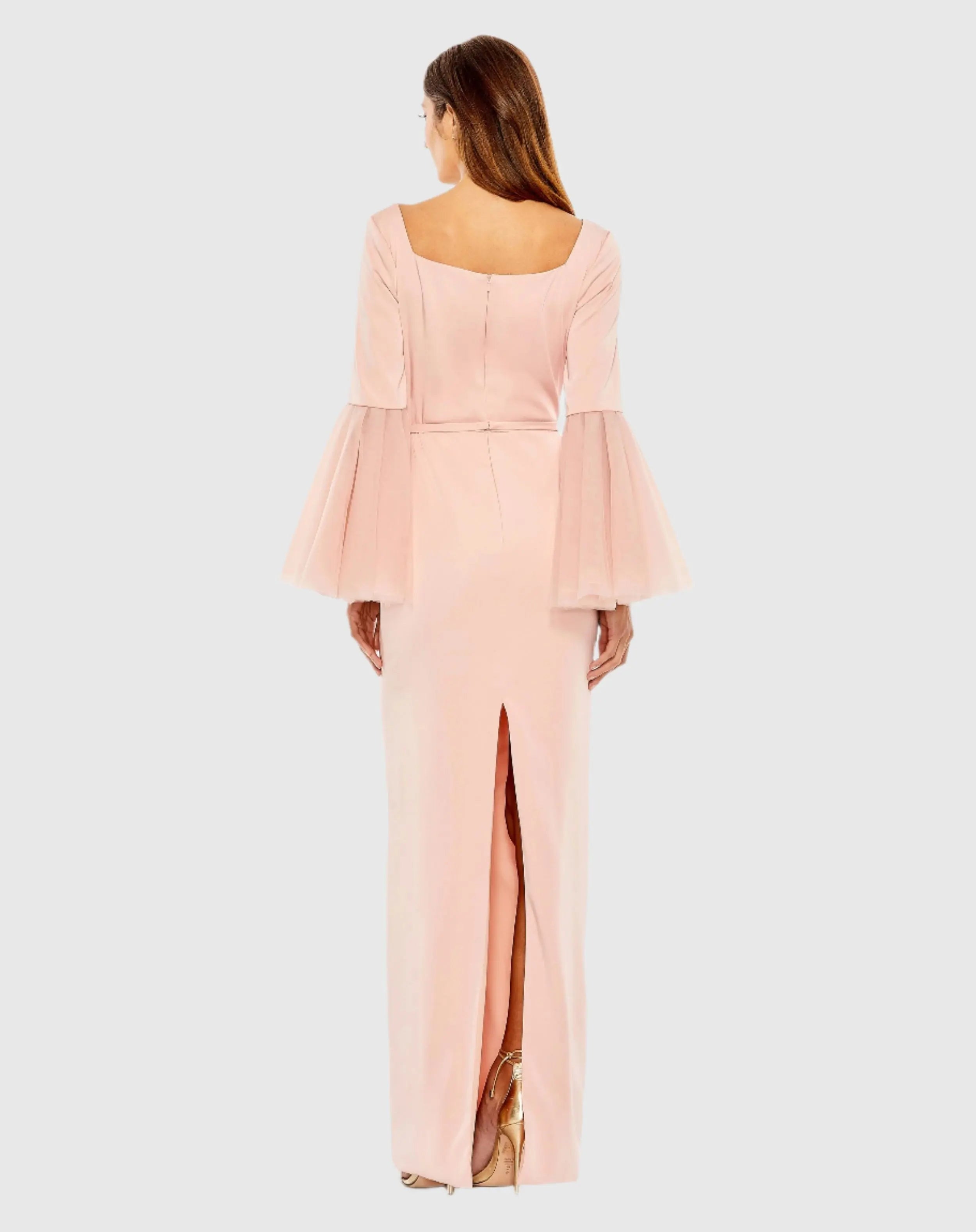 Pink Flounce Sleeve Square Neck Column Gown