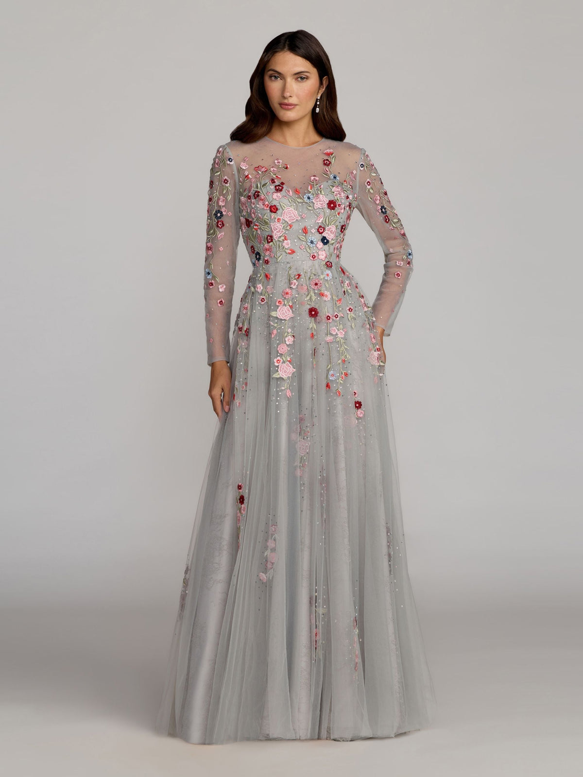 Gray Embroidered Illusion High Neck Long Sleeve A Line Gown