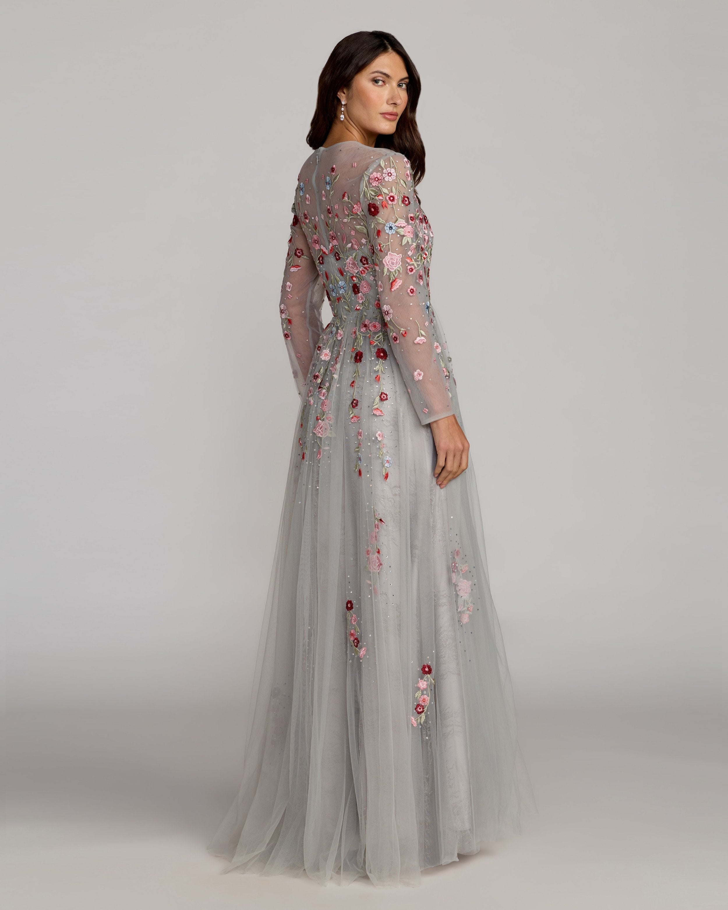 Gray Embroidered Illusion High Neck Long Sleeve A Line Gown