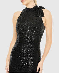 Black Soft Tie Halter Neck Sequin Gown - FINAL SALE