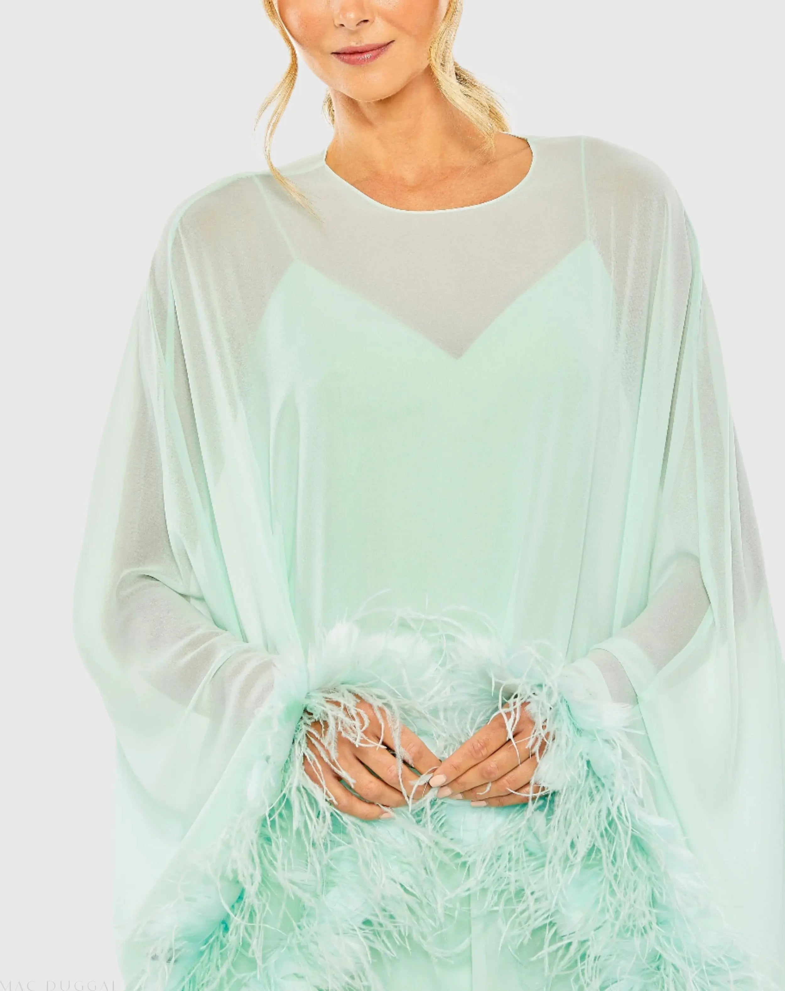 Green Trapeze Feather Trim Mini Dress