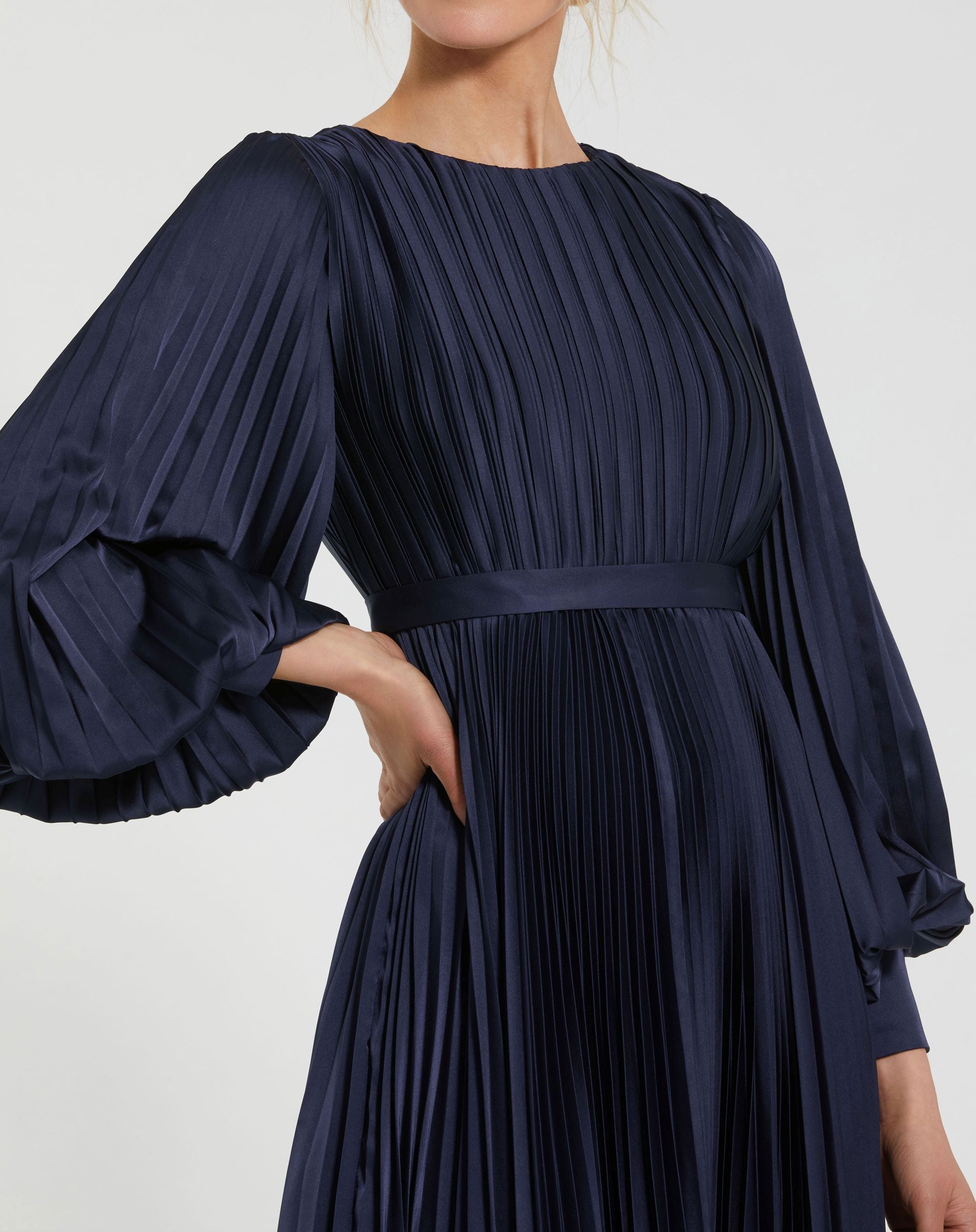 Navy Long Sleeve Pleated Charmeuse Handkerchief Dress