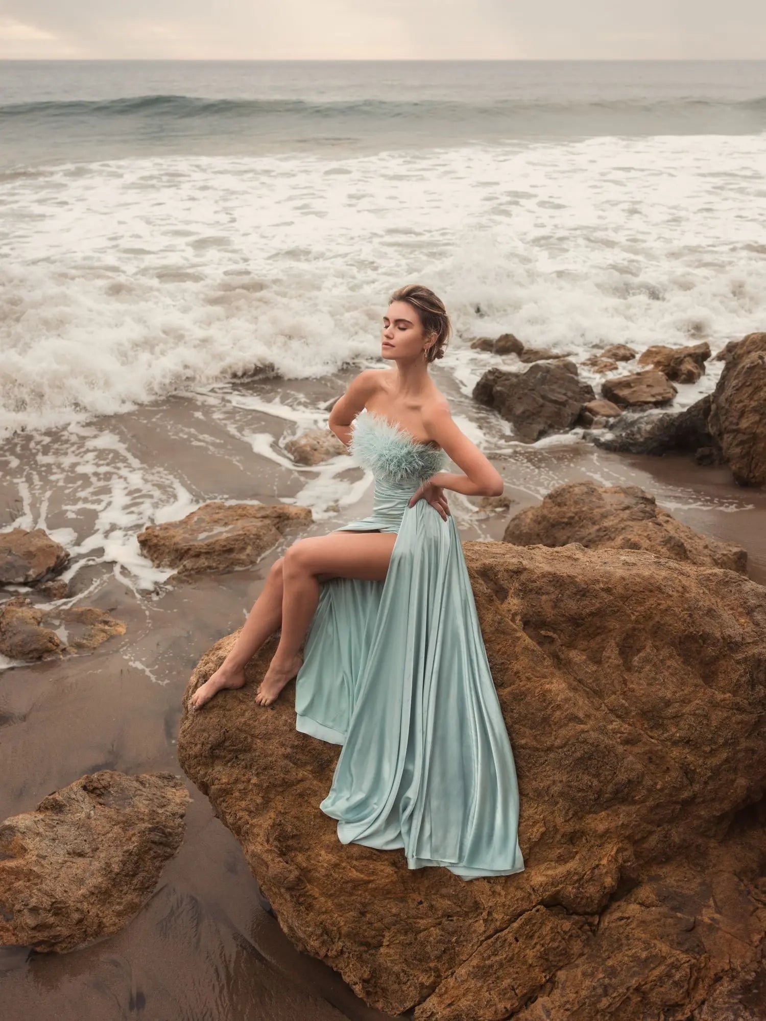 Green Strapless Feather Detail Satin Gown