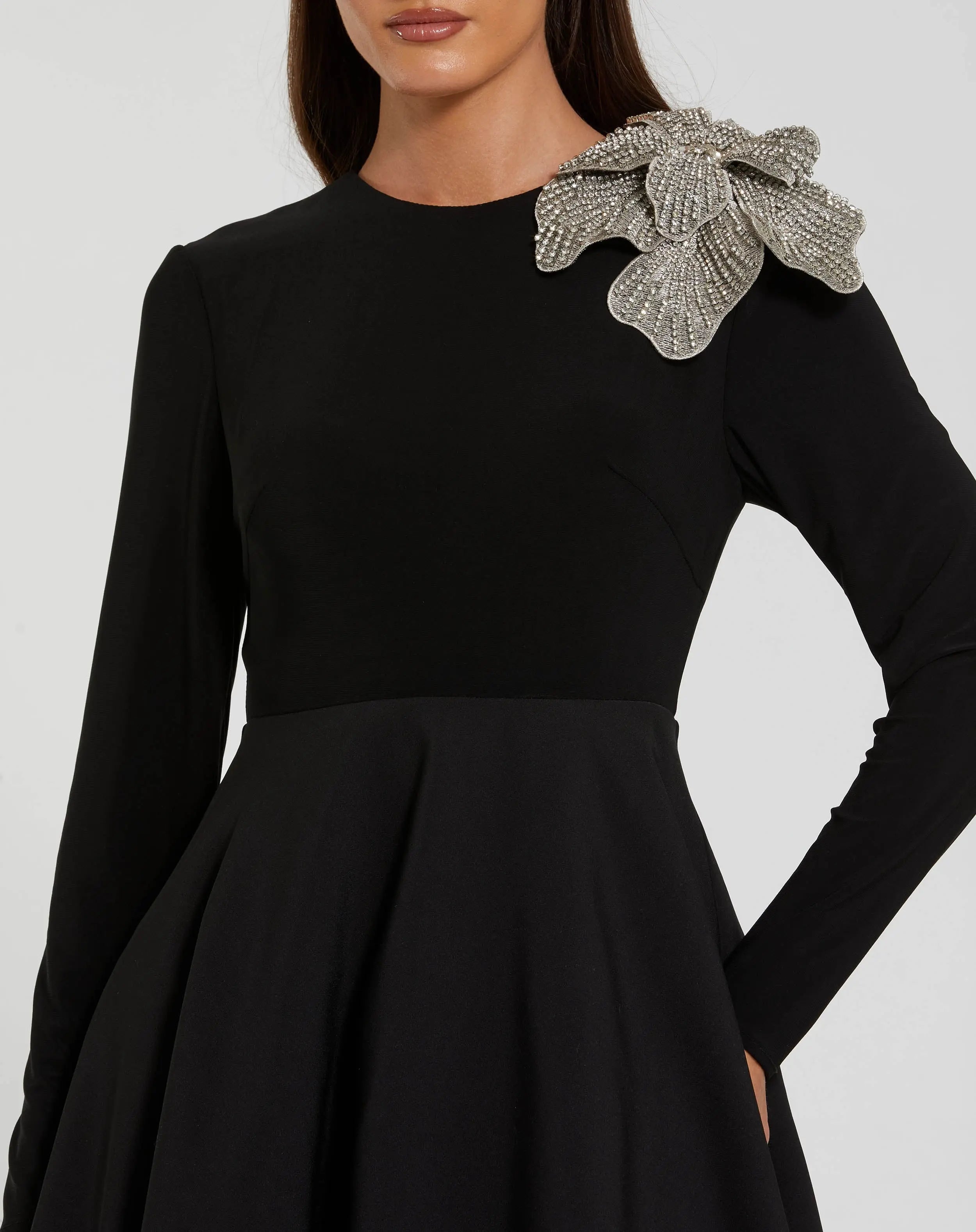 Black Long Sleeve Taffeta Ballgown with 3D Rhinestone Flower
