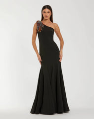 Black One Shoulder Beaded Mermaid Gown