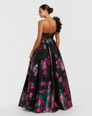 Black One Shoulder Floral Brocade Ball Gown