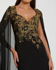 Black and Gold Embellished Column Gown with Chiffon Cape Sleeves