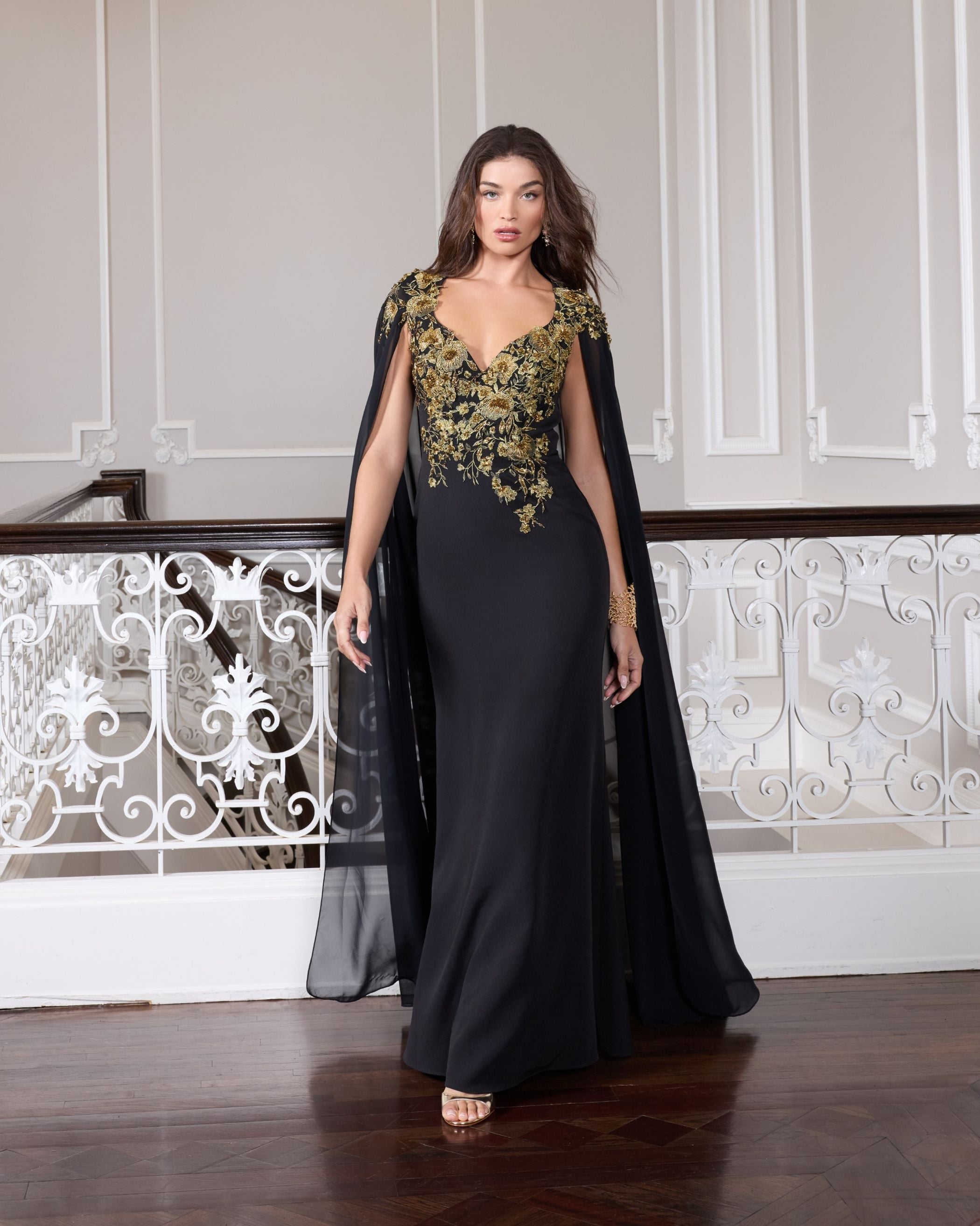 Black and Gold Embellished Column Gown with Chiffon Cape Sleeves