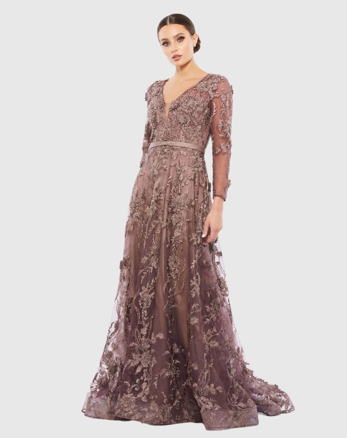 Brown Embroidered Long Sleeve Plunge Neck A-Line Gown