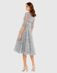 Silver High Neck Above Elbow Sleeve Embellished A Line Dress