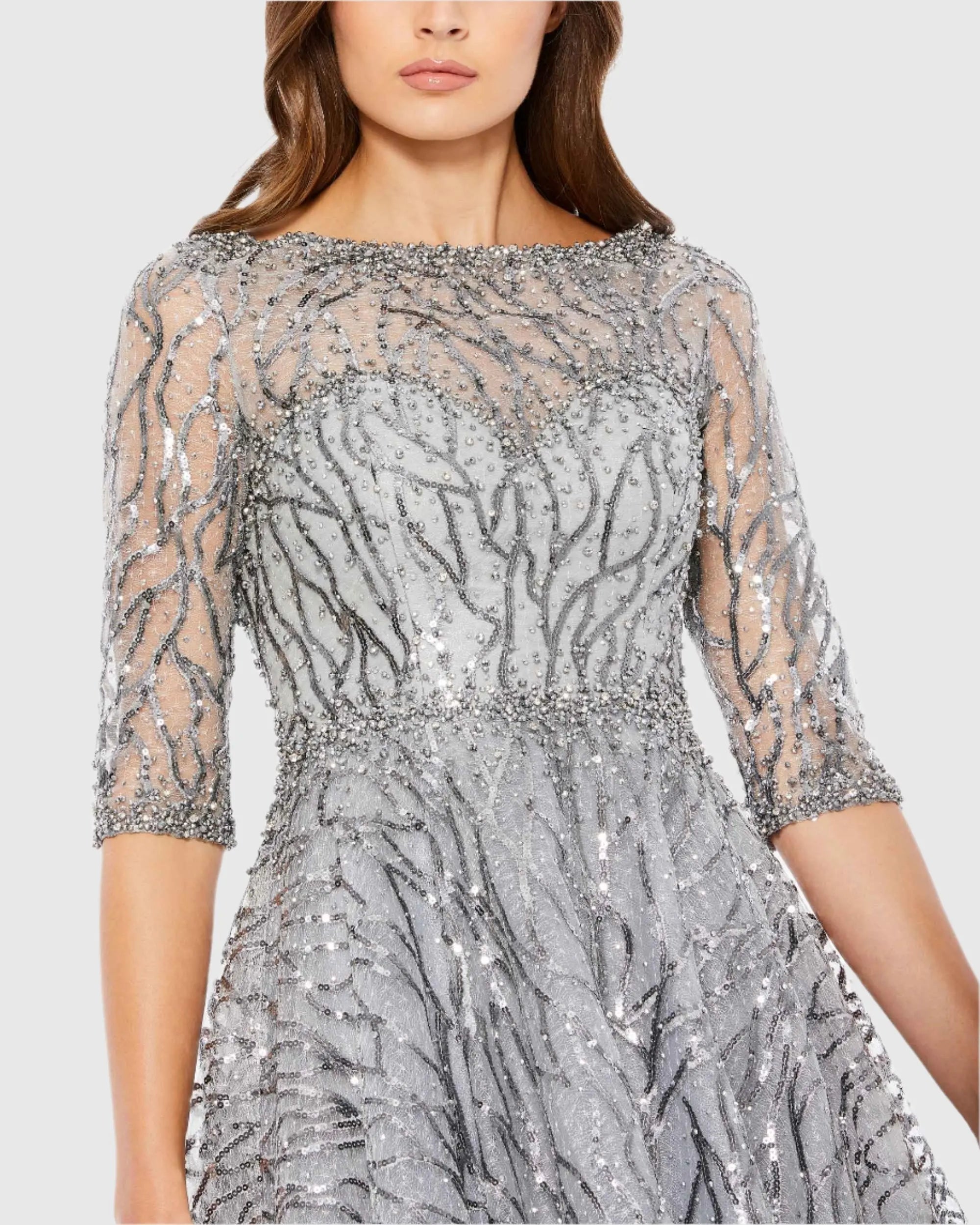 Silver High Neck Above Elbow Sleeve Embellished A Line Dress