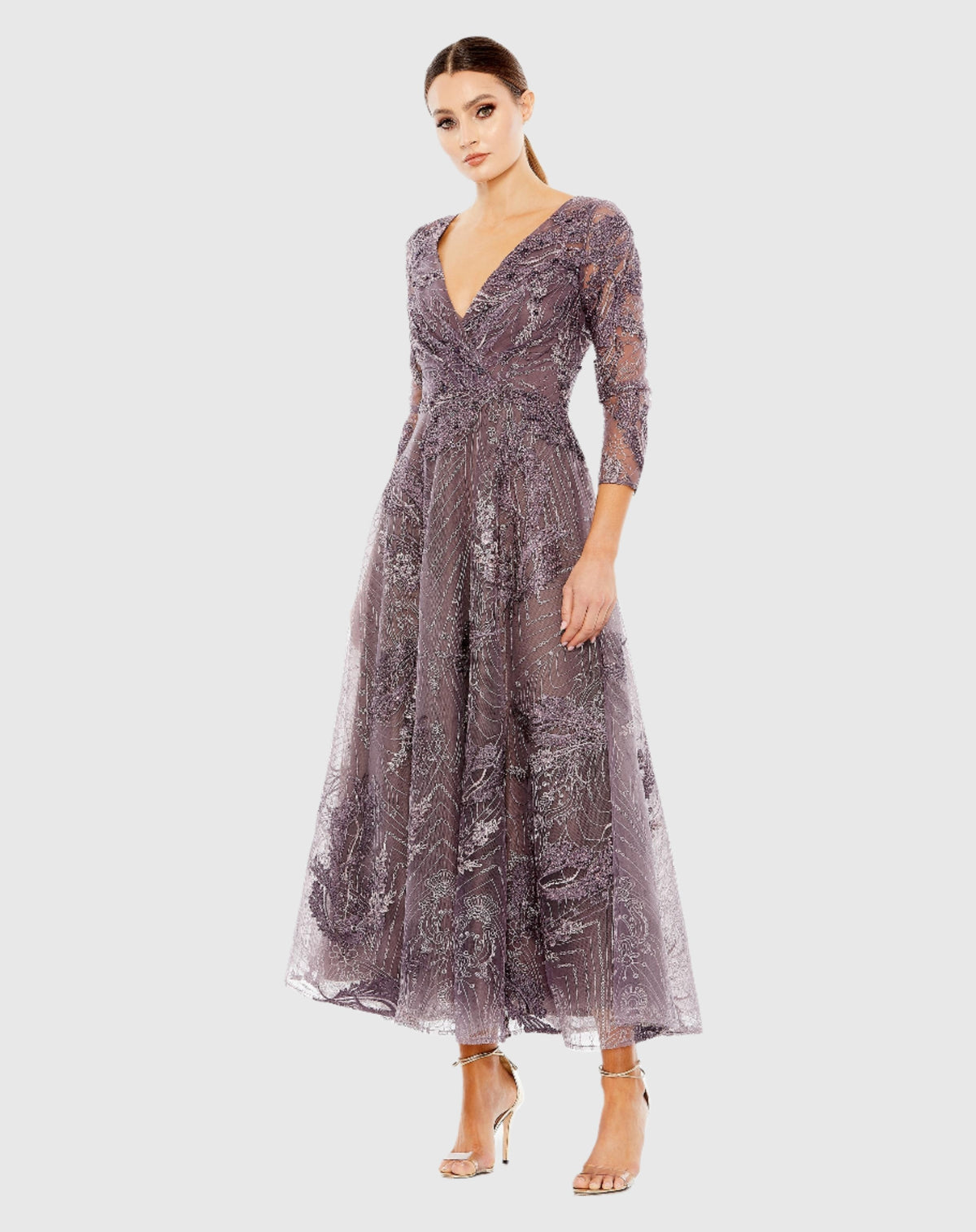 Purple Embellished Wrap Over 3/4 Sleeve Dress