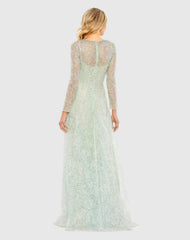 Green Crystal Embellished Long Sleeve V Neck Gown