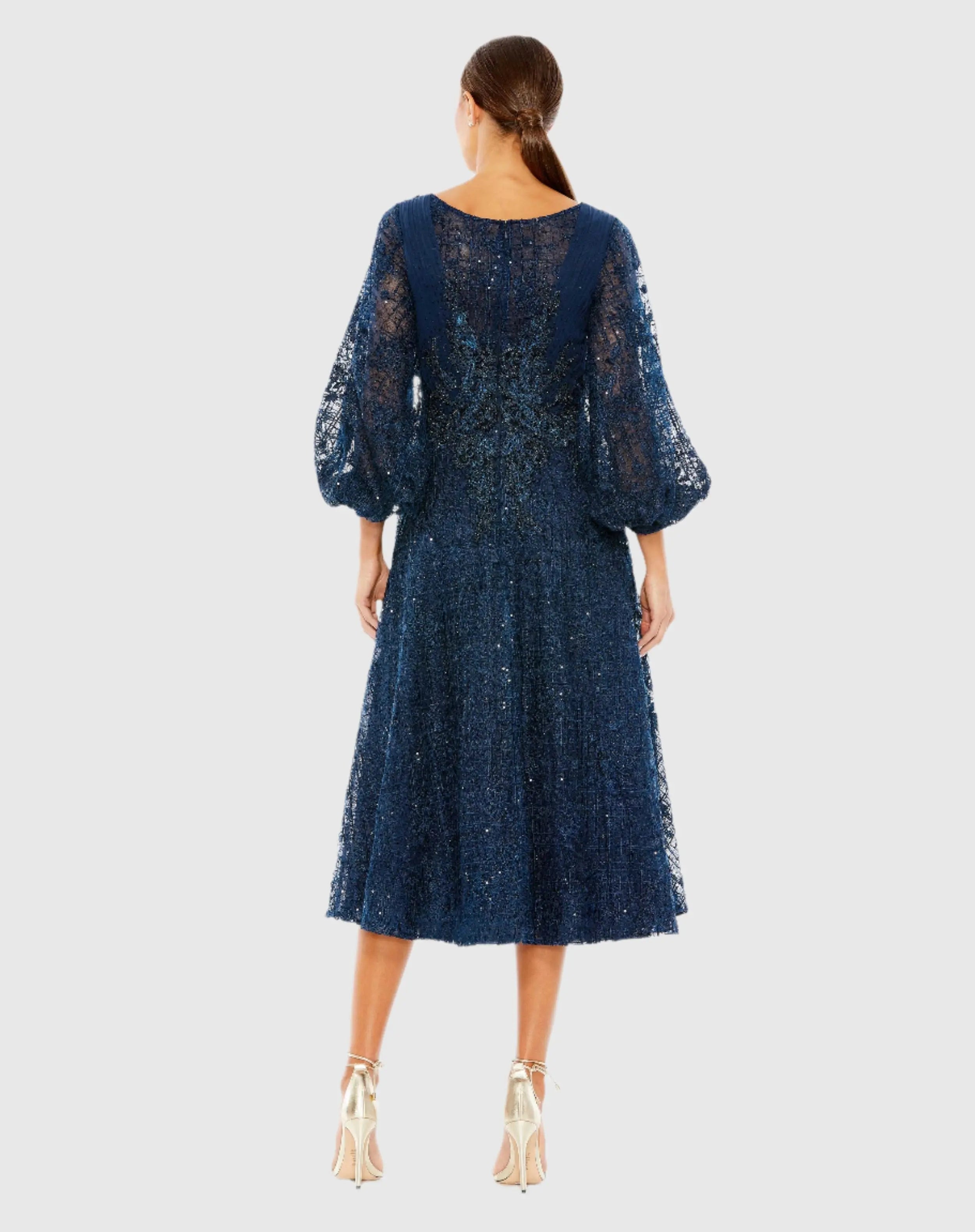 Navy Embellished Plunge Neck Bishop Sleeve Dress