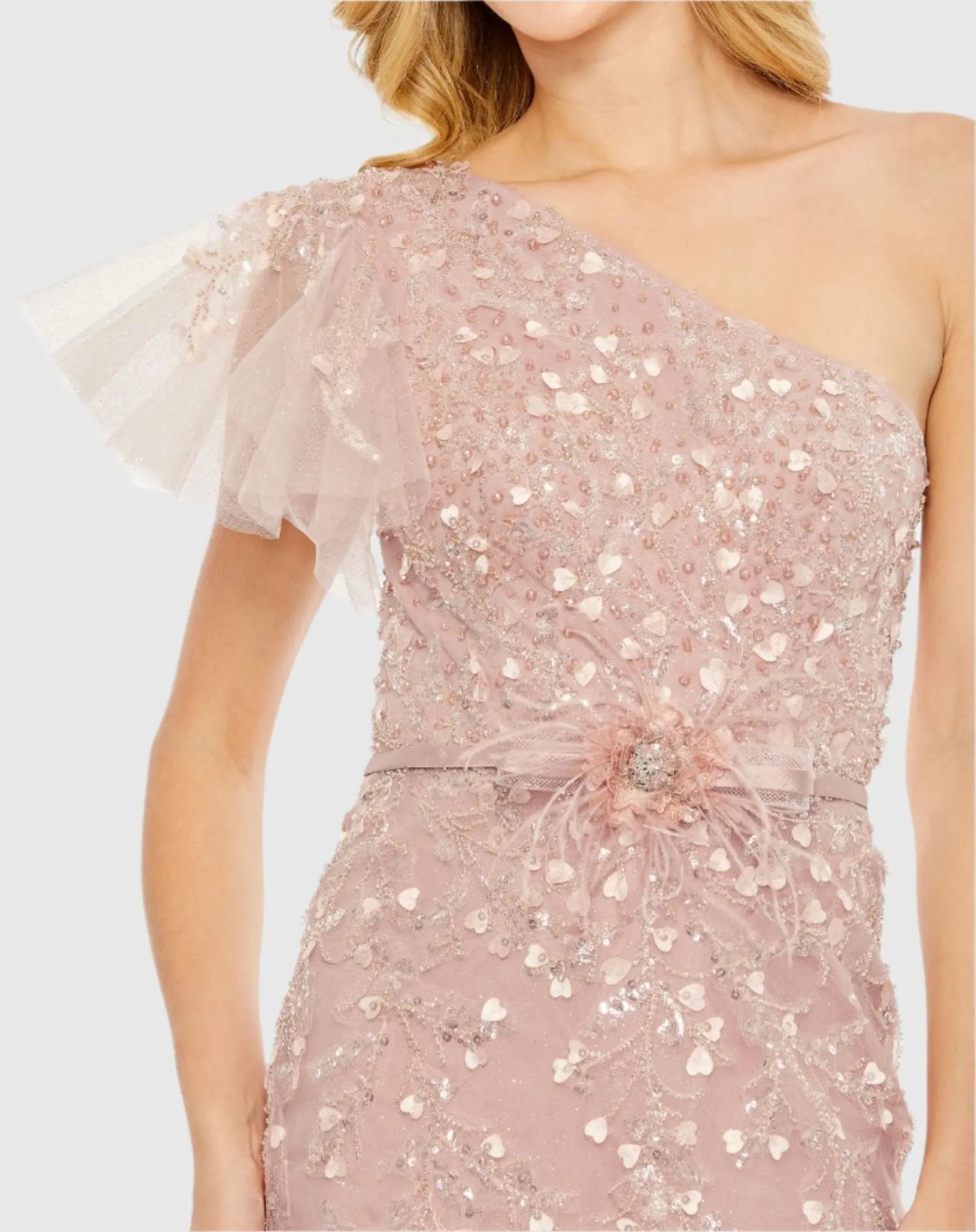 Pink Embellished One Shoulder Cap Sleeve Gown - FINAL SALE