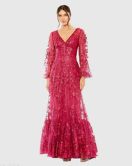 Pink Puff Sleeve A-Line Embroidered Gown