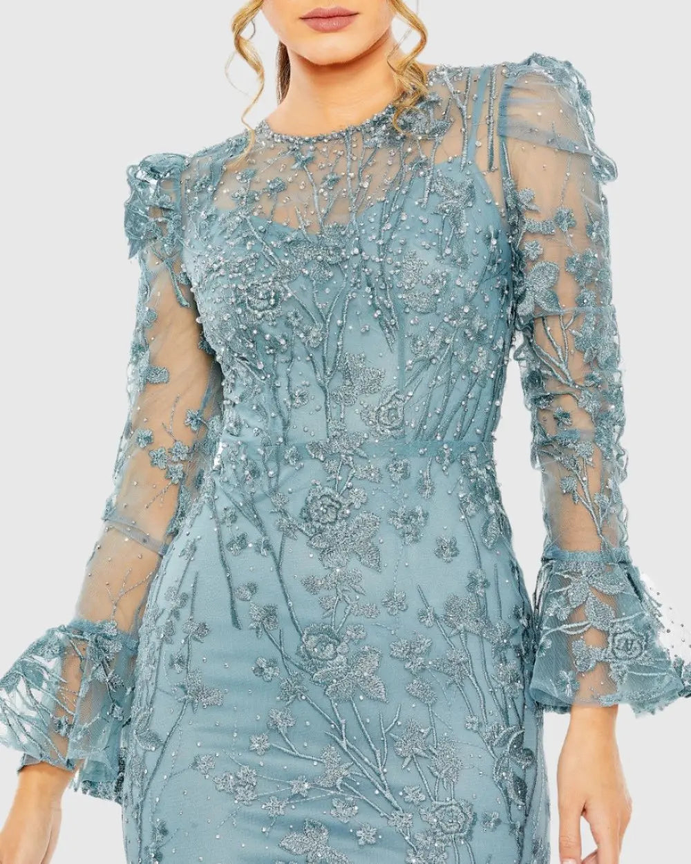Blue Ruffle Wrist Embellished High Neck Midi Dress