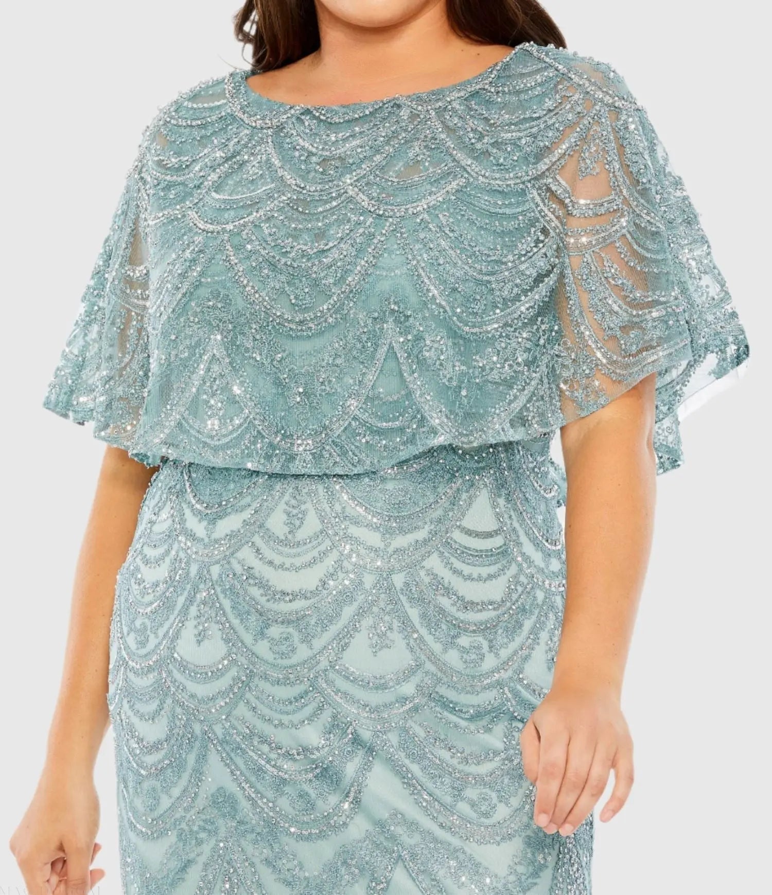Blue High Neck Embellished Column Dress With Cape (Plus) - FINAL SALE