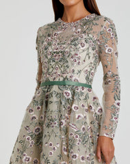 Ivory Long Sleeve Floral Embellished A-Line Gown