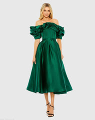 Green Off The Shoulder Tea Length Dress