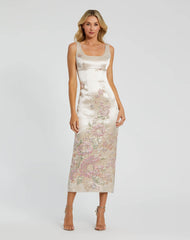 Ivory Slim Strap Scoop Neck Bustier Brocade Midi Dress