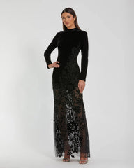 Black Long Sleeve Sheer Floral Embroidered Velvet Gown